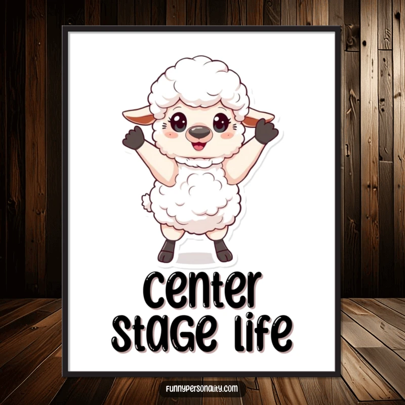 Funny Digital Art Print: A fluffy sheep in a grand, dramatic pose, capturing theatrical flair and humorous stage presence.
