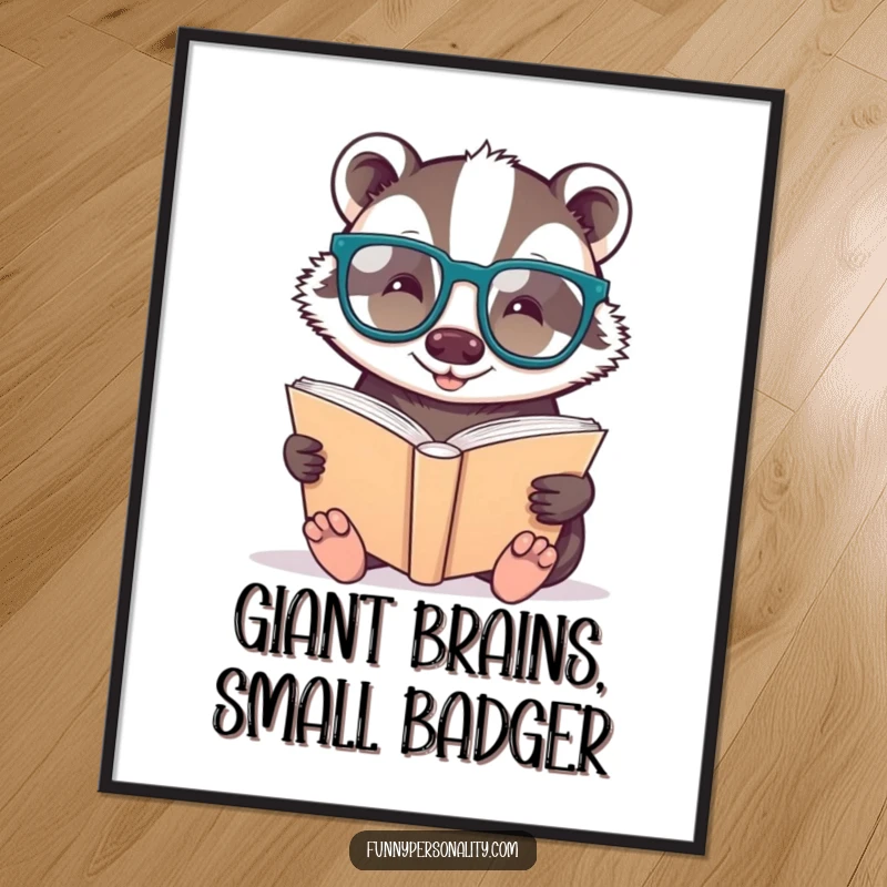 Funny digital art print: a badger wearing glasses reading a giant book, exuding intelligence and humor.