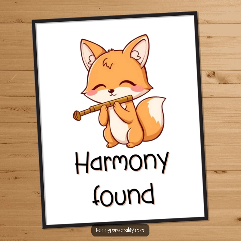 Funny digital art print of a cheerful fox character playing a tiny flute with closed eyes, conveying peaceful music and whimsical delight.