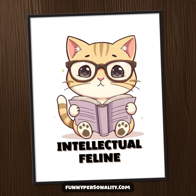 Funny digital art print of a cat wearing oversized glasses, engrossed in reading a book. Instant download.