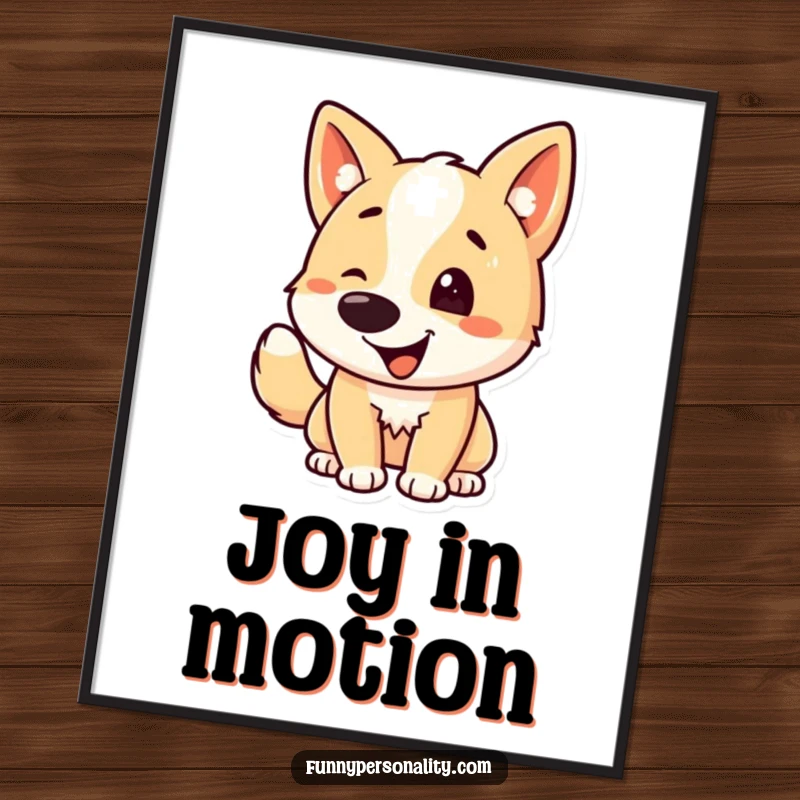 Funny dog digital art print of a dog character with a vigorously wagging tail, offering immediate visual happiness.