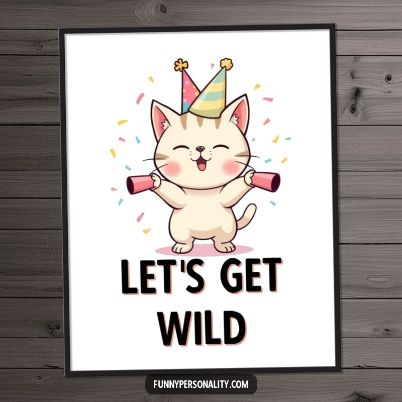 Funny Cat Party Digital Art Print: A high-resolution illustration of a cat in a party hat, launching confetti cannons, ready for printing.