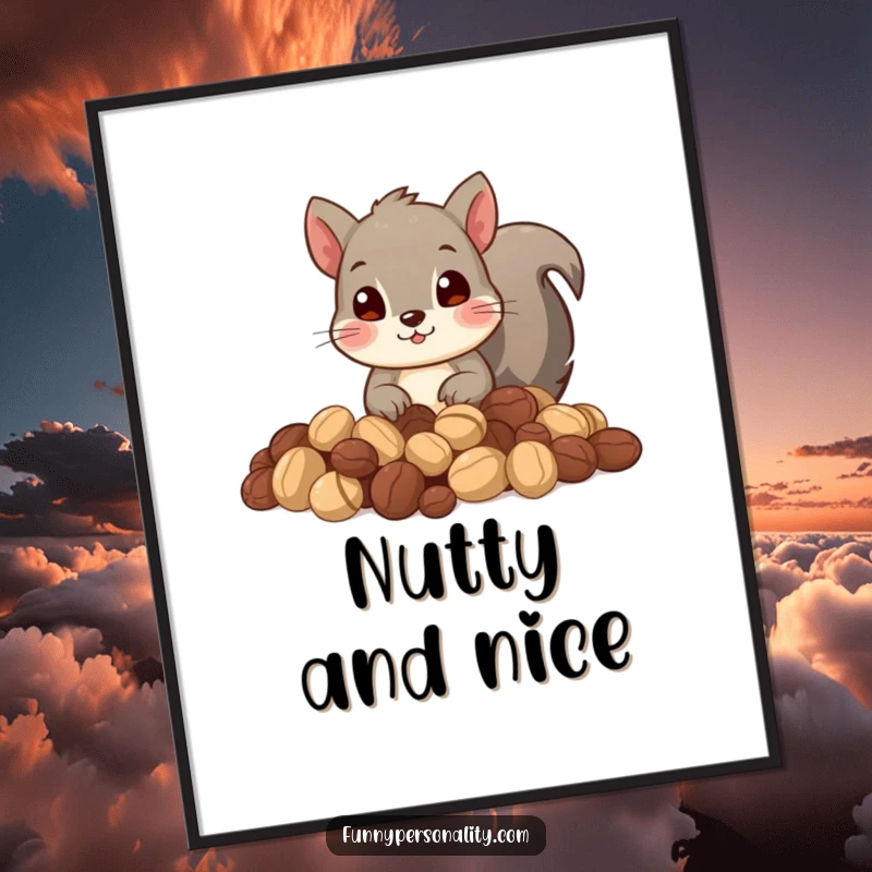 Funny digital art print of a curious squirrel peeking from a pile of nuts. Instant download.