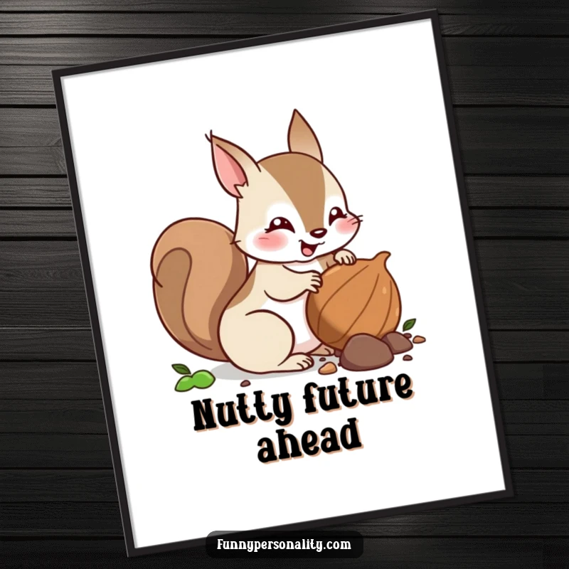 Funny squirrel digital art print of a squirrel character excitedly burying a nut, adding instant woodland charm.