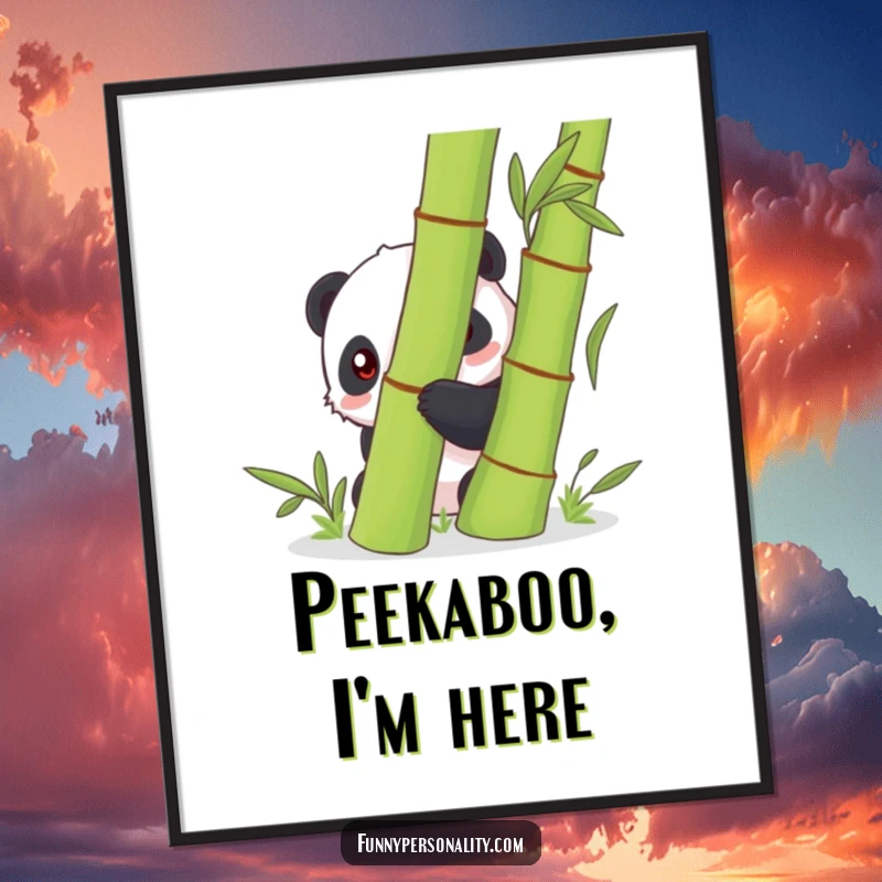 Funny shy panda character partially hidden behind a large bamboo stalk, presented as a digital art print, evoking tranquility and quiet charm.