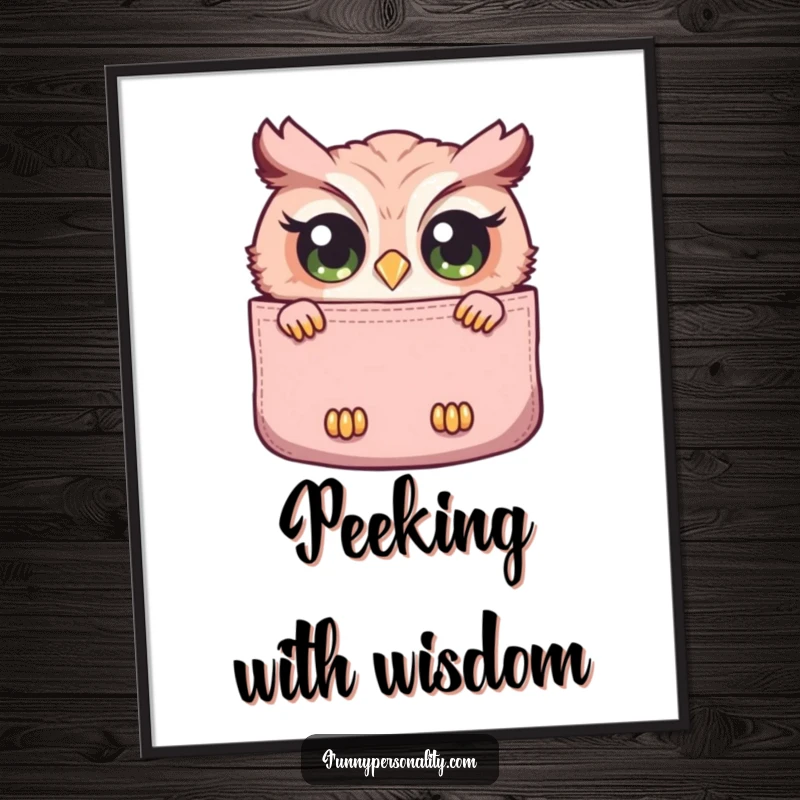 Funny digital art print of a curious owl with wide eyes peeking out from a large pocket, celebrating observation and available for instant download.