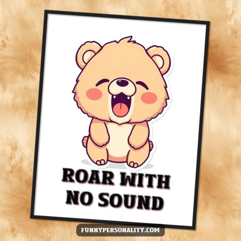 Funny bear digital art print: instant download of a fluffy bear character excitedly roaring a tiny, silent, charming roar.