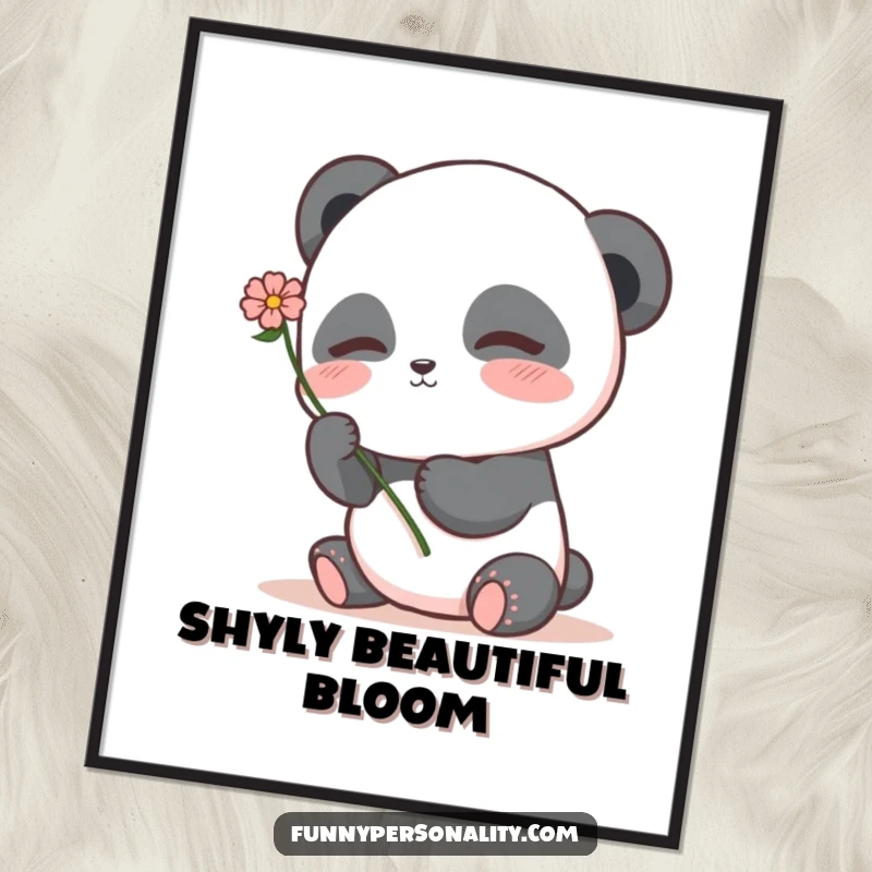 Shy panda digital art print featuring a blushing panda character holding a flower, delivering instant sweetness and adorableness.