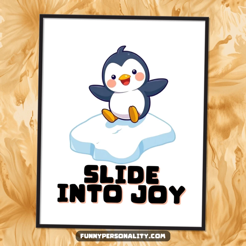 Funny digital art print of a playful penguin character sliding down an icy slope with a broad, beaming grin, perfect for instant cheer.
