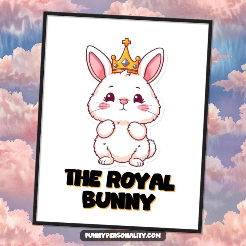 Funny digital art print of a fluffy bunny wearing a crown, great for instant regal wall decor.