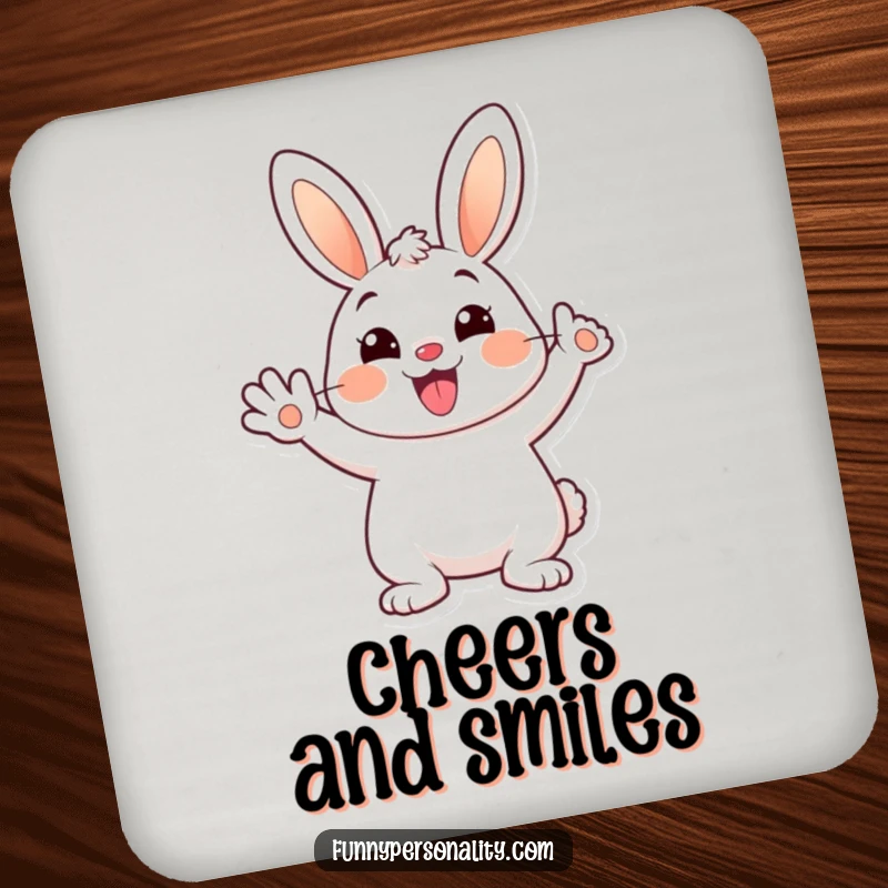 Funny drink coasters featuring a cheerful cartoon bunny waving happily with a big smile, protecting tables with humor.
