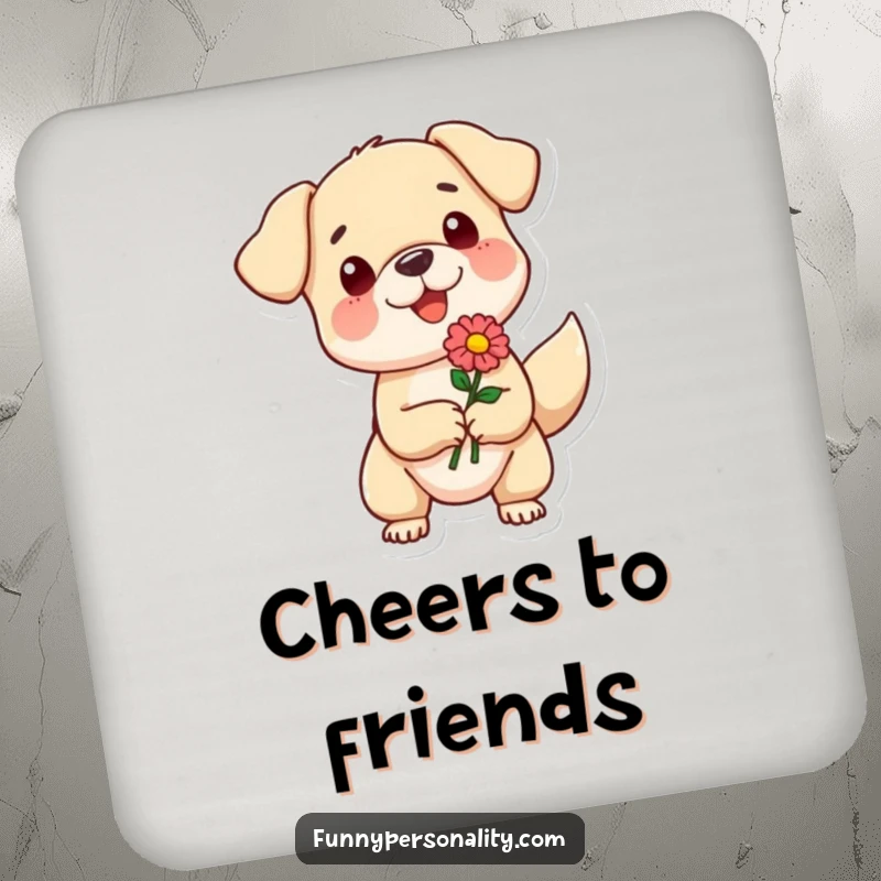 Funny drink coaster featuring a small dog character enthusiastically offering a flower, a charming and humorous table accessory.