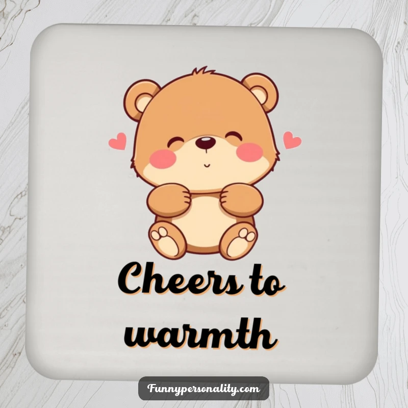 Funny bear coasters depicting a bear character offering a warm, fuzzy hug, adding a cozy touch to drinks.