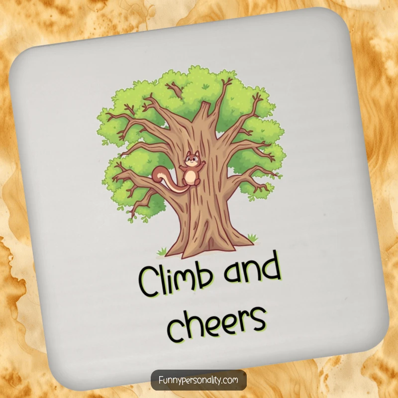 Funny drink coasters featuring a determined squirrel climbing a tall oak tree, a humorous and protective addition to any table.
