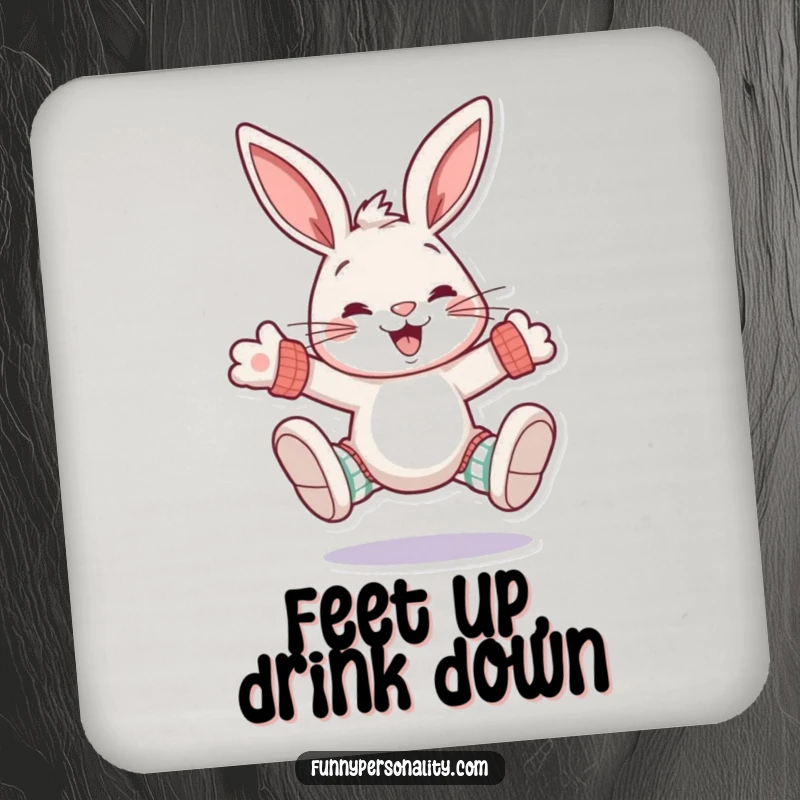 Funny rabbit coasters: a set of coasters featuring a grinning rabbit character wearing oversized, mismatched socks, bringing cheer.