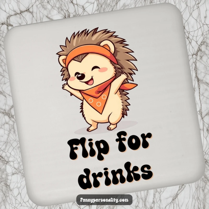 Funny Coaster set displaying a cheerful hedgehog in a bandana attempting a handstand, protecting surfaces with humor.