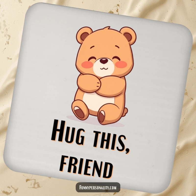 Funny Bear Hug Coasters showcasing a cute bear character giving a big, warm hug, protecting surfaces with cheerful charm.