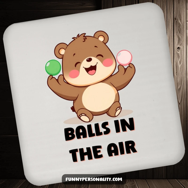 Funny drink coaster showcasing a happy bear juggling colorful items, adding a touch of amusement to tables.