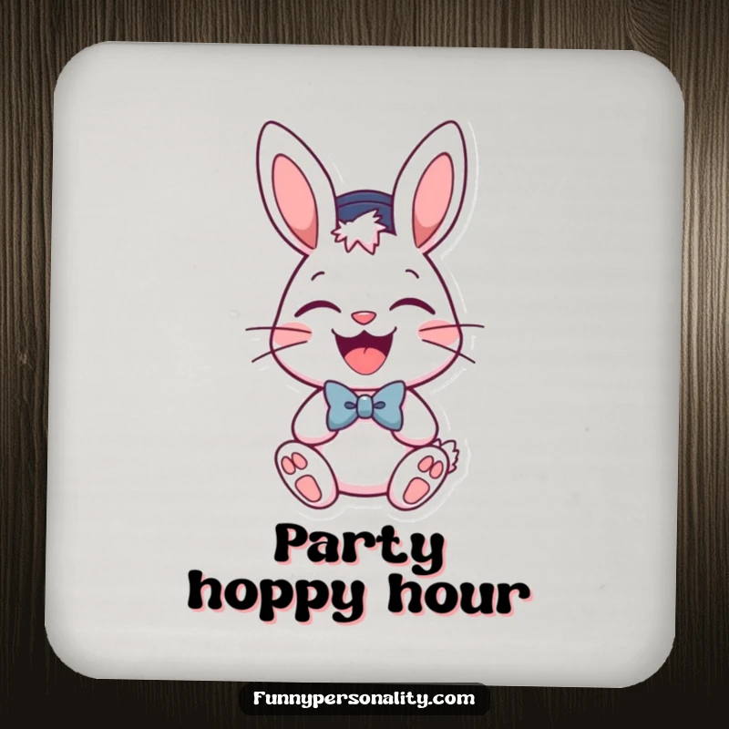 Funny drink coaster featuring a laughing bunny wearing a hat and bow tie. Adds a festive touch to tabletops.