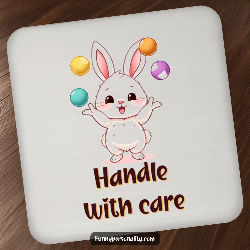 Funny drink coaster featuring a fluffy bunny character excitedly juggling three colorful balls, a small yet humorous addition to any table.