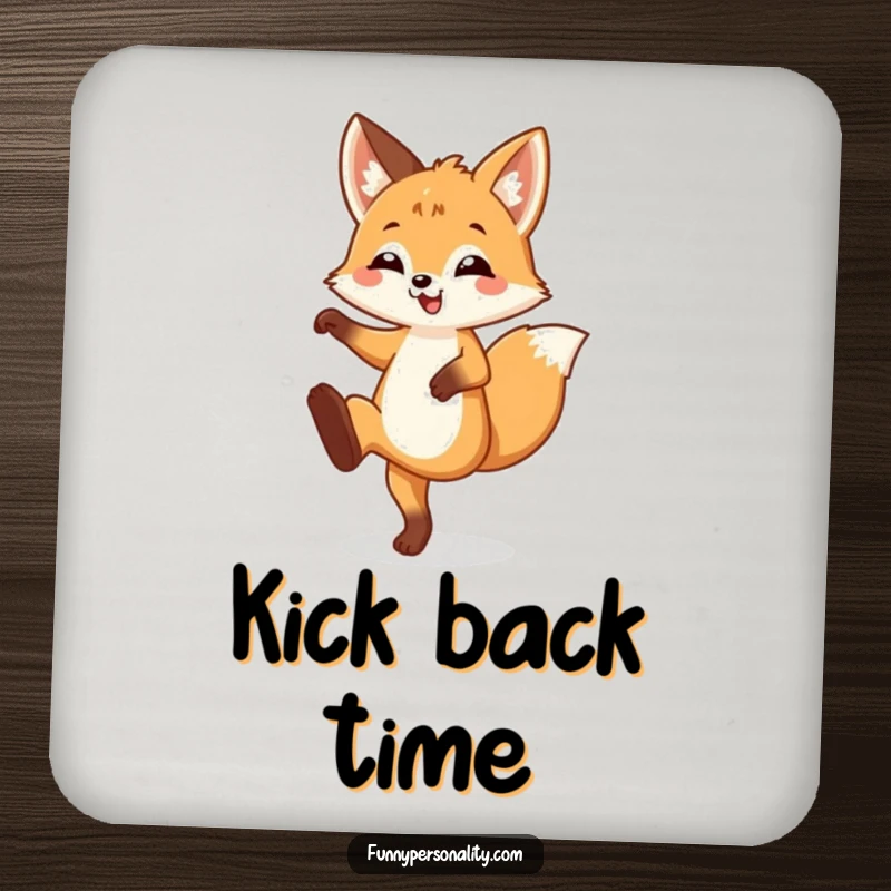 Funny Coaster set displaying a happy fox cub doing a silly leg kick, protecting surfaces with humor.