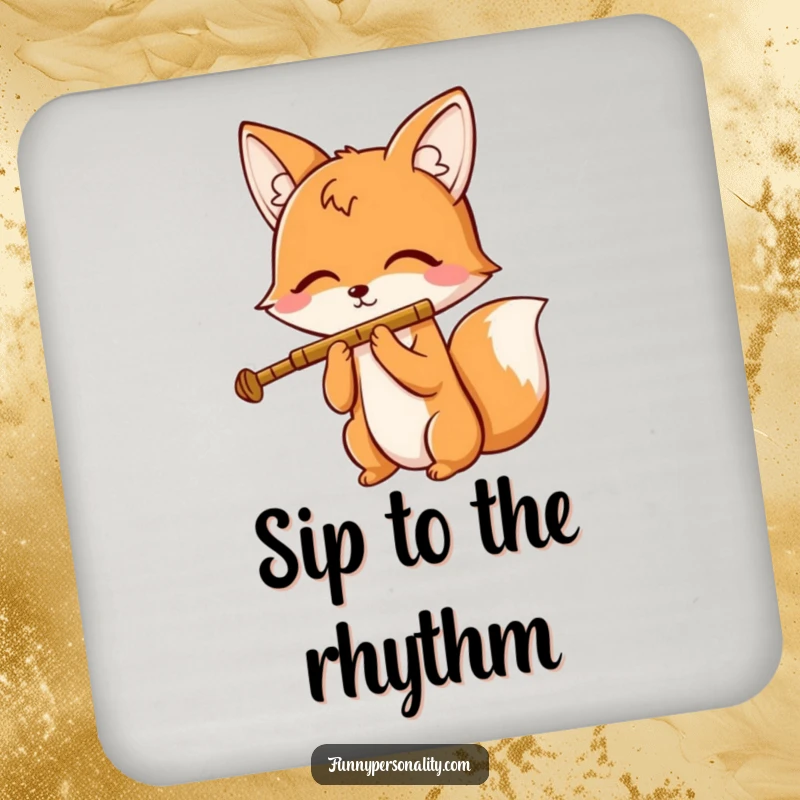 Funny drink coaster featuring a cheerful fox character playing a tiny flute with closed eyes, a charming and humorous table accessory.