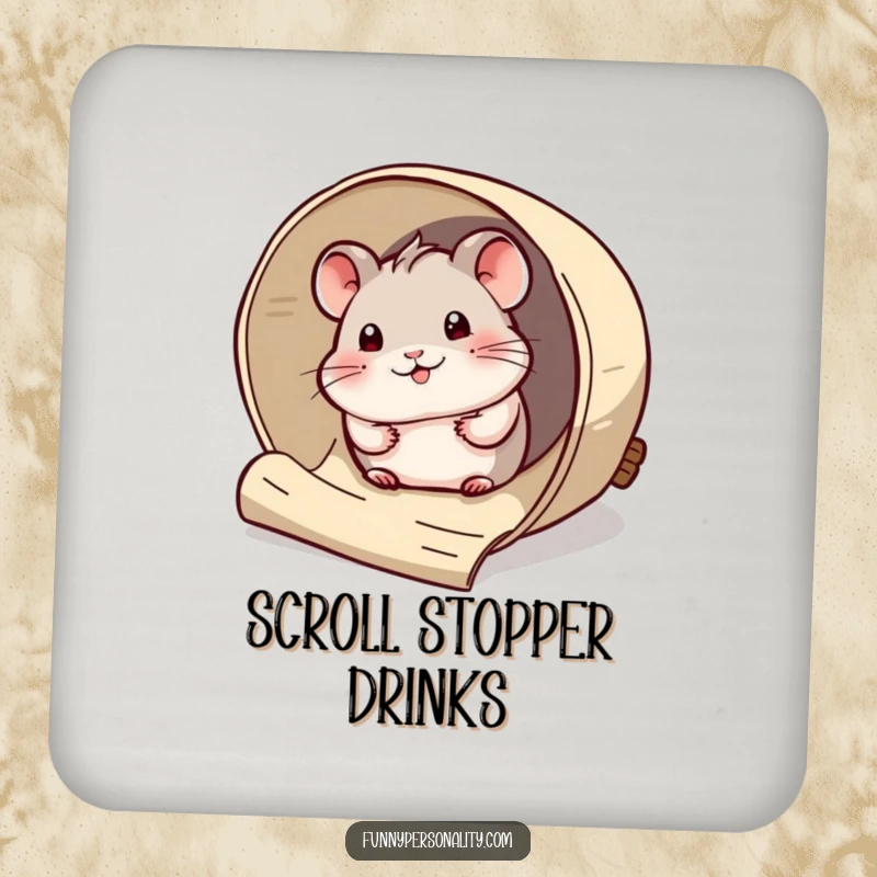 Funny Coaster: A curious hamster peeks out from a giant rolled-up scroll, a humorous and protective gift.