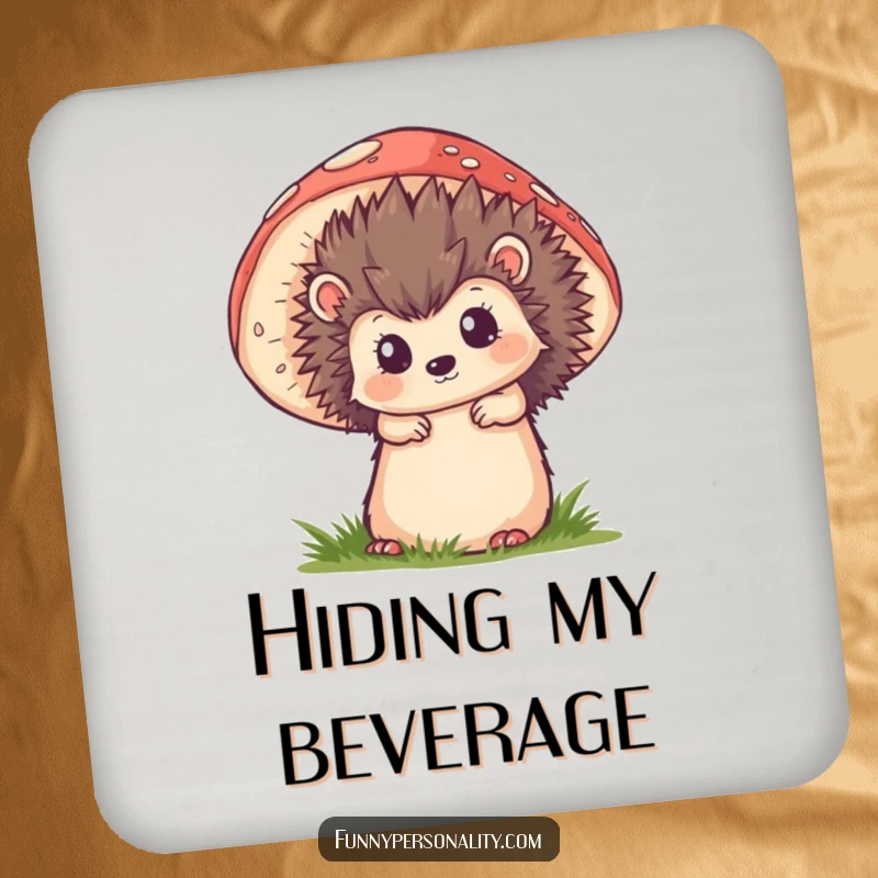 Funny drink coaster with a curious hedgehog peeking from behind a large mushroom, bringing woodland charm to your table.