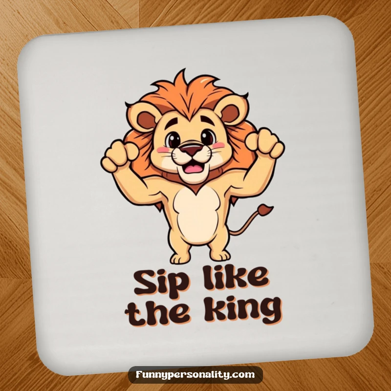 Funny drink coaster featuring a proud lion character flexing its small, fluffy biceps, adding a humorous touch to surfaces.