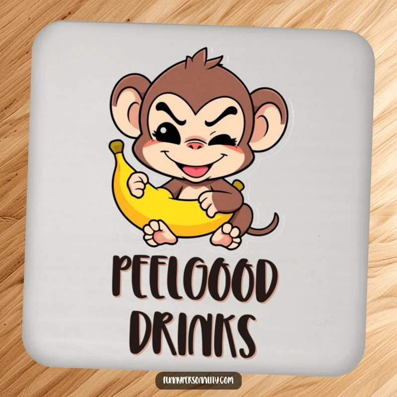 Funny Coaster: A mischievous monkey grins while balancing a banana, a humorous and protective gift.