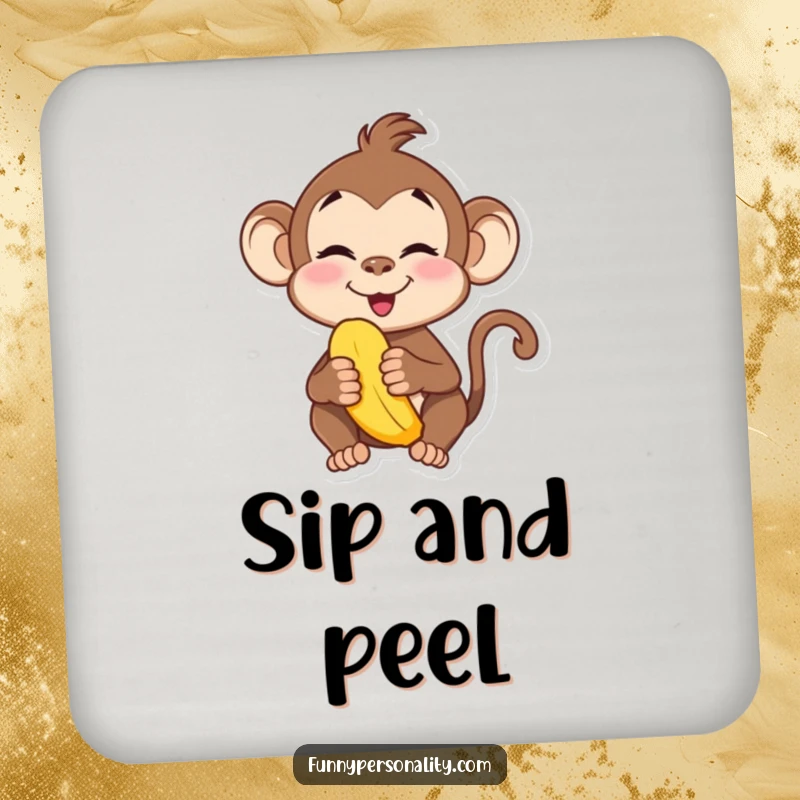 Funny drink coaster featuring a playful monkey character making a silly face with a banana. Stylish and humorous.