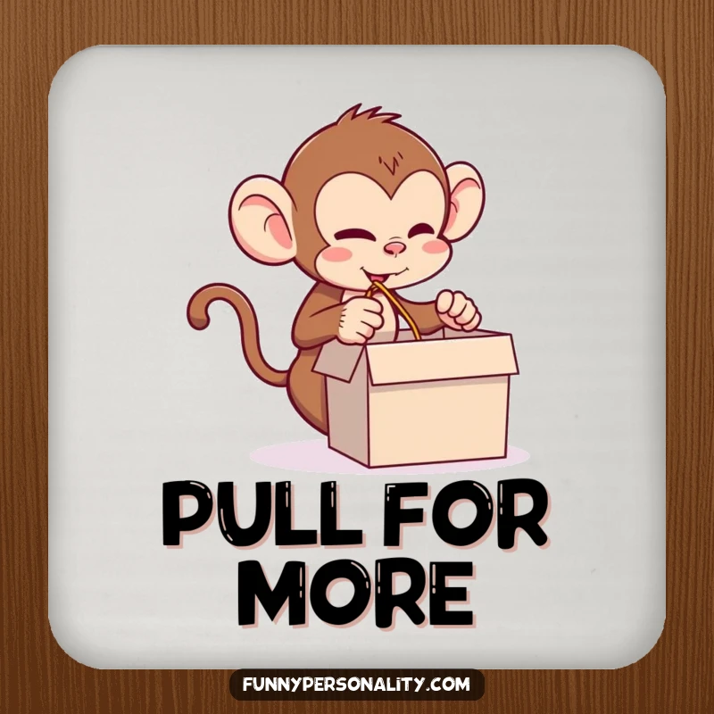 Funny monkey drink coasters with a mischievous monkey pulling a long string, celebrating pranks and providing humorous surface protection.