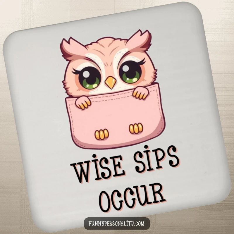 Funny drink coaster set with a curious owl with wide eyes peeking out from a large pocket, protecting tables with watchful humor.