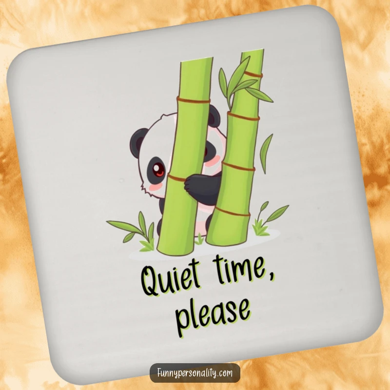 Funny shy panda peeking from behind a bamboo stalk on a drink coaster, protecting furniture with understated cuteness and charm.