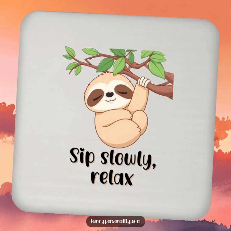 Funny Coaster: A sleepy sloth smiles serenely while hanging from a branch, a humorous and protective gift.