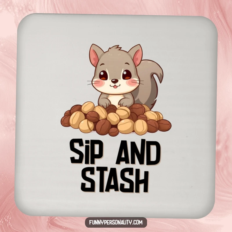 Funny drink coaster showing a squirrel peeking from a pile of nuts. Adds a quirky touch to tabletops.