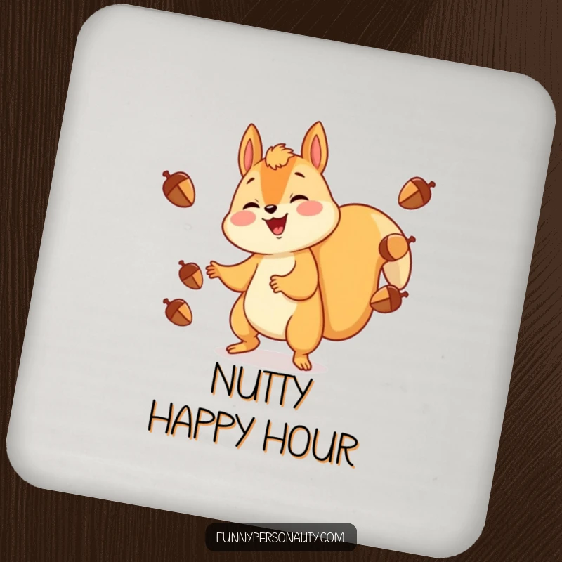 Funny Drink Coaster: A cheerful squirrel juggling acorns, protecting surfaces with a dose of playful woodland charm.