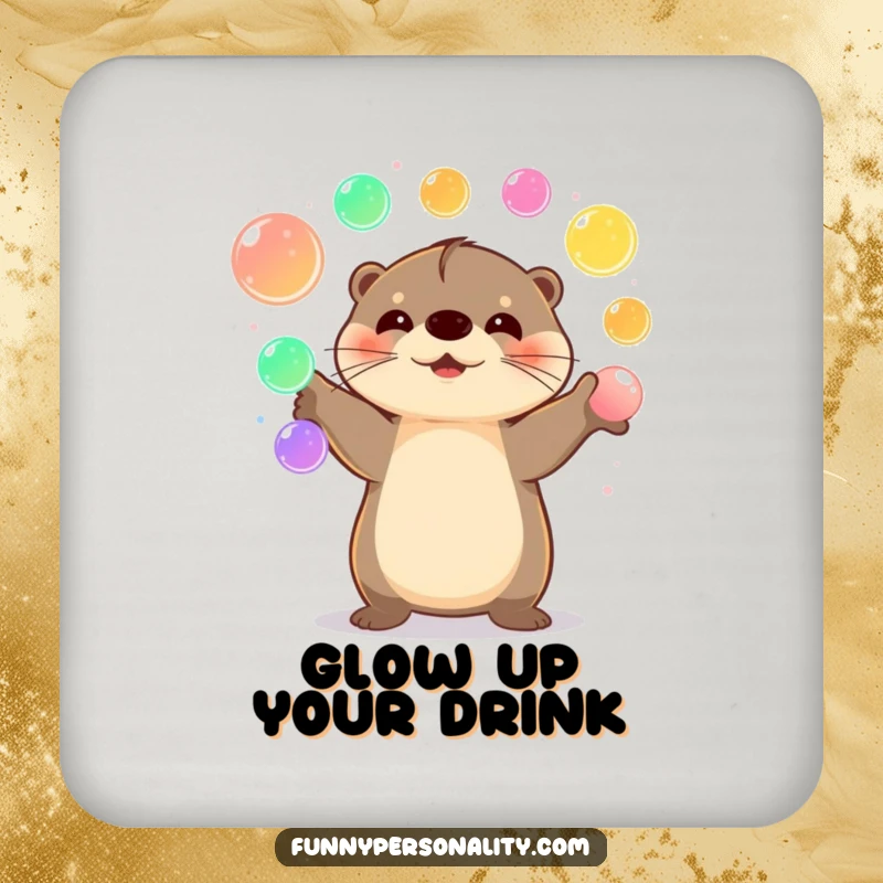 Funny Otter Coaster showcasing a happy otter juggling colorful glowing orbs, protecting surfaces with cheer.