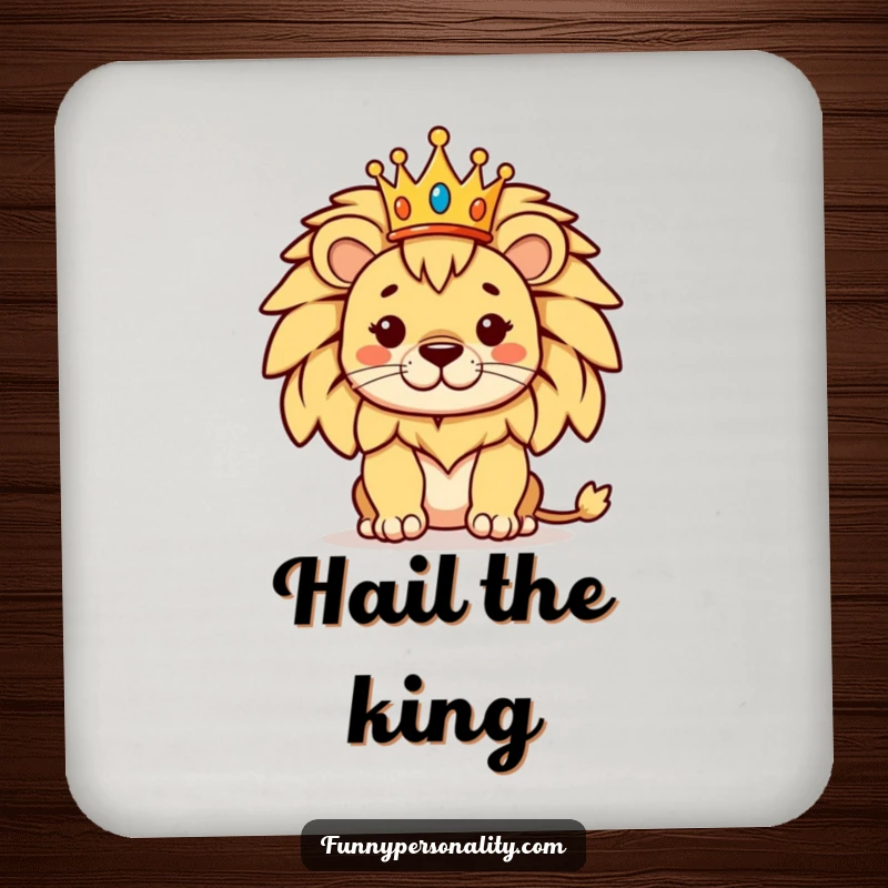 Funny drink coasters featuring a proud lion wearing a tiny crown, a humorous and protective addition to any table.