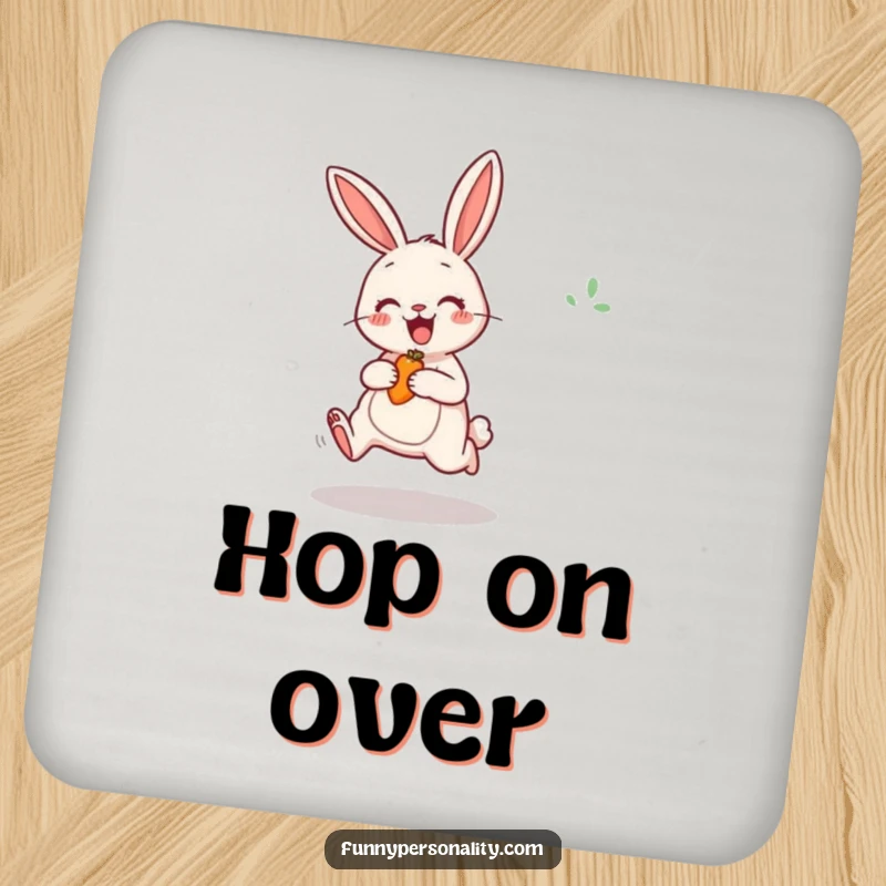 Funny Rabbit Coaster showcasing a cheerful bunny excitedly jumping for a carrot, protecting surfaces with joy.