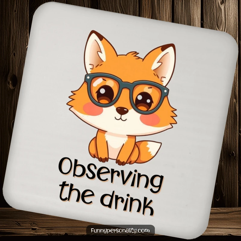 Funny drink coaster displaying a curious fox wearing large glasses, protecting surfaces with a touch of humor.