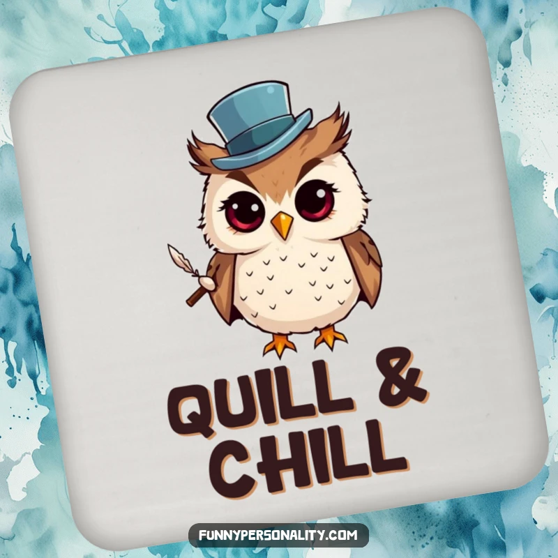 Funny Drink Coaster: A curious owl wearing a top hat and holding a quill, protecting surfaces with scholarly charm.