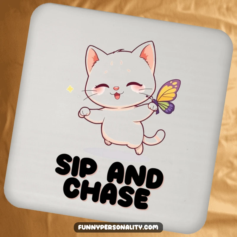 Funny drink coaster featuring a playful cat character chasing a sparkling butterfly, a small yet humorous addition to any table.