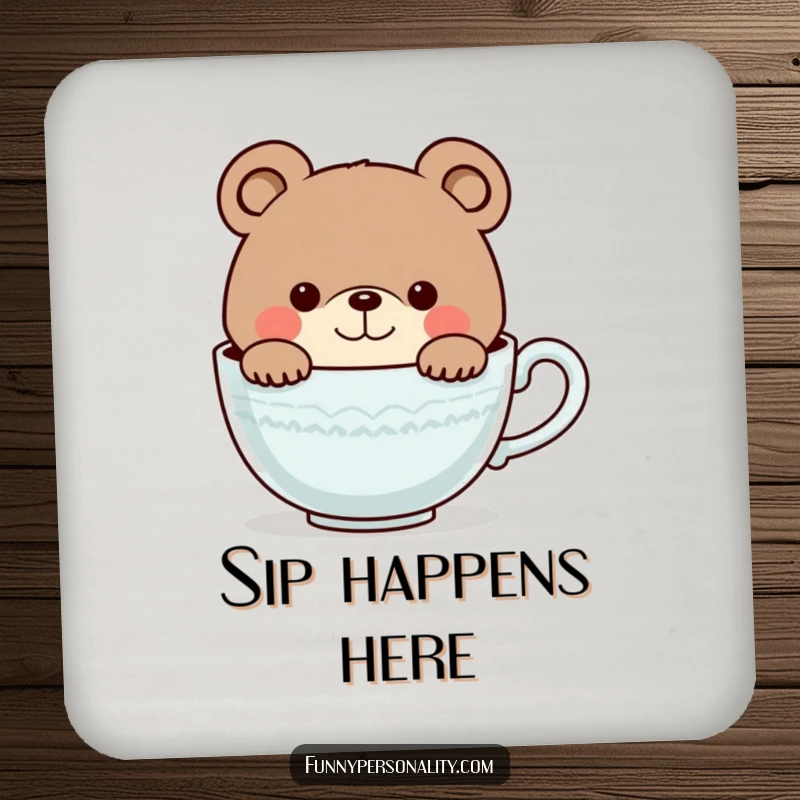 Funny drink coaster featuring a curious bear character smiling as it peeks into a giant teacup, a charming and humorous table accessory.