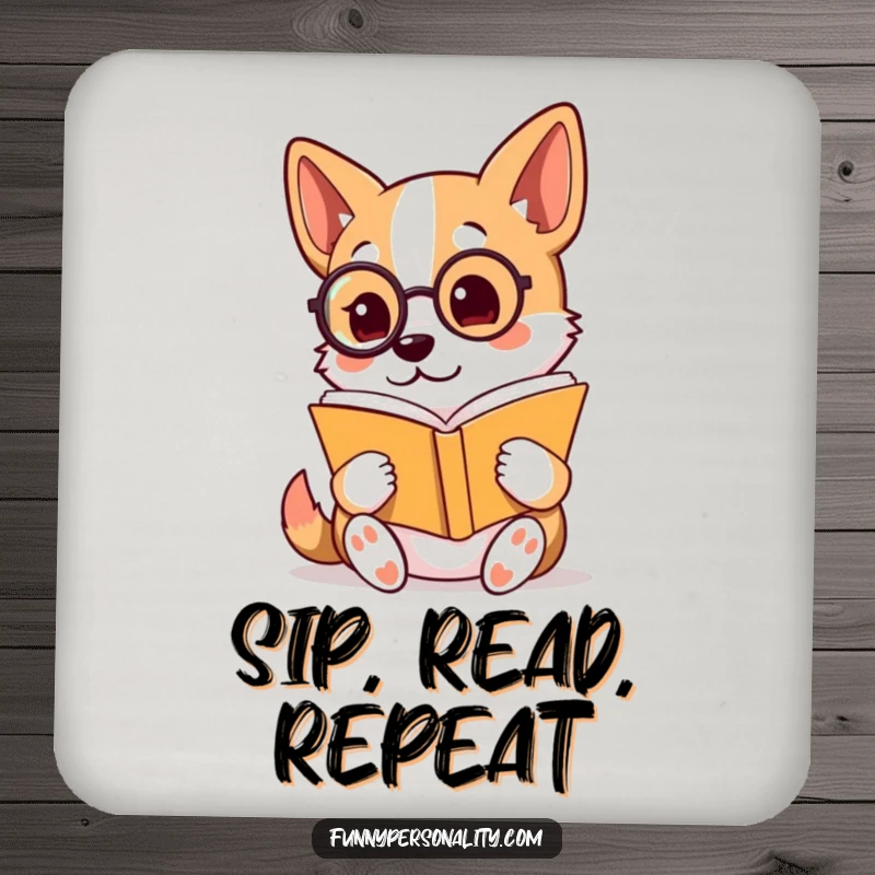 Funny Drink Coaster: A dog wearing a monocle reads a book with keen interest, offering a touch of scholarly humor to surfaces.