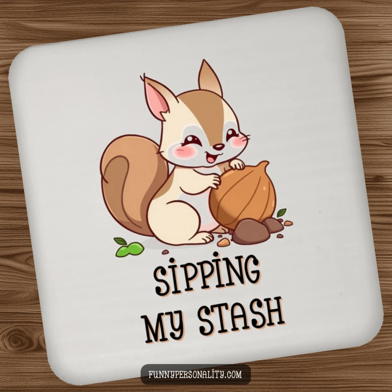 Funny squirrel coasters showing a squirrel character burying a nut, adding a touch of nature to drink service.