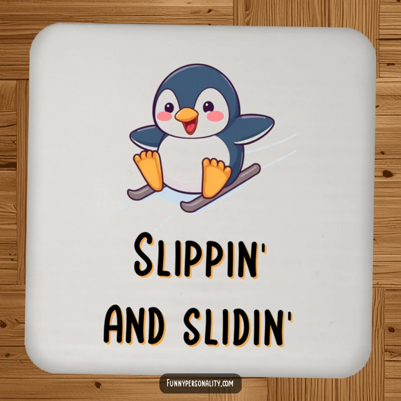 Funny drink coaster featuring a happy penguin character sliding down a smooth, frosty ice surface, adding arctic charm.
