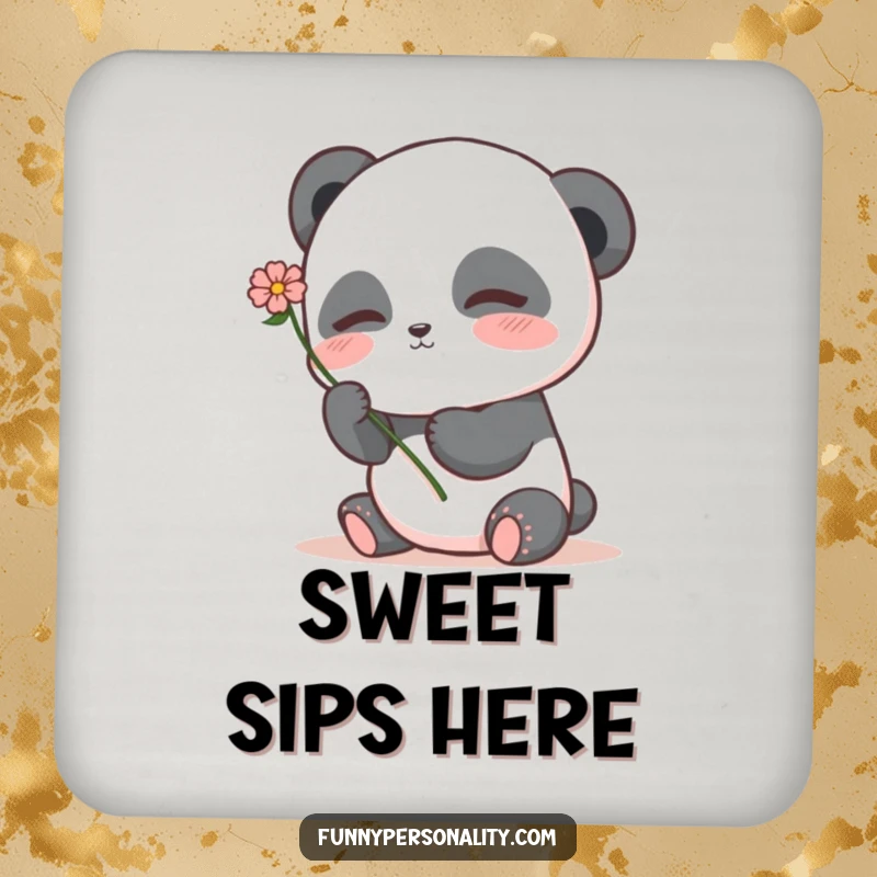 Shy panda coasters featuring a blushing panda character holding a flower, adding a sweet and charming touch to tabletops.