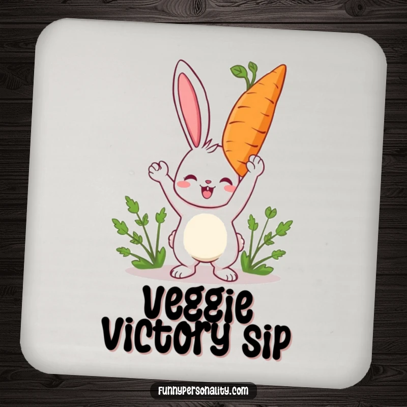 Funny rabbit drink coaster featuring a happy character holding a giant carrot, protecting surfaces with humor.
