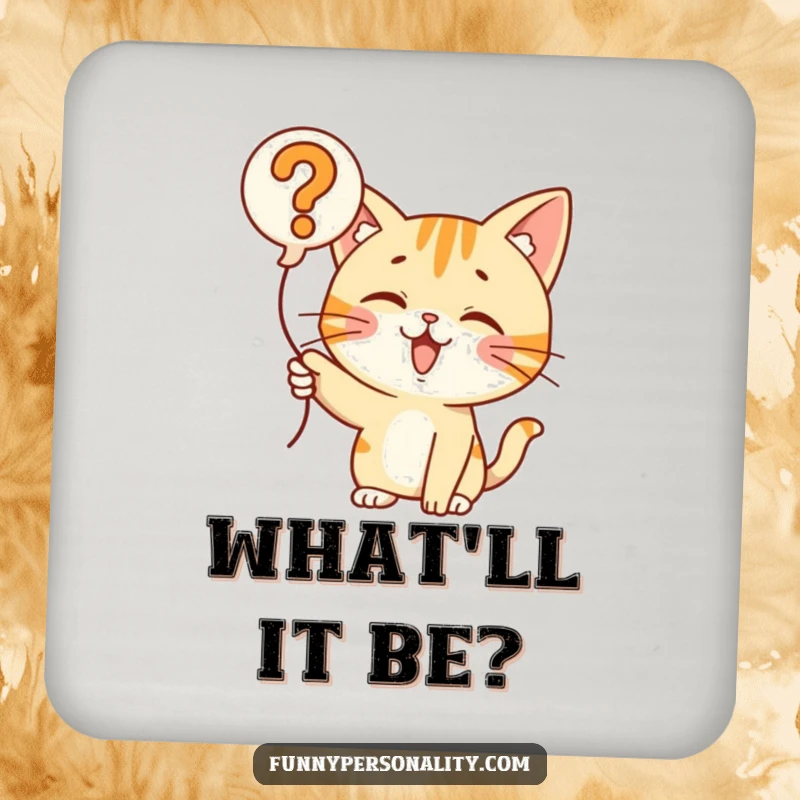 Funny Cat Question Balloon Coaster: A curious cat pointing at a question mark balloon, perfect for protecting surfaces with humor. Bar accessory.